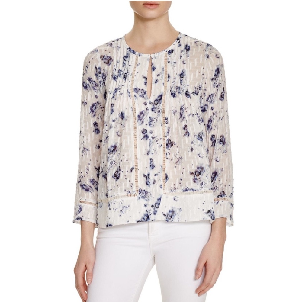 Rebecca Taylor Size 4 White, Blue Silk Meteor Floral Blouse